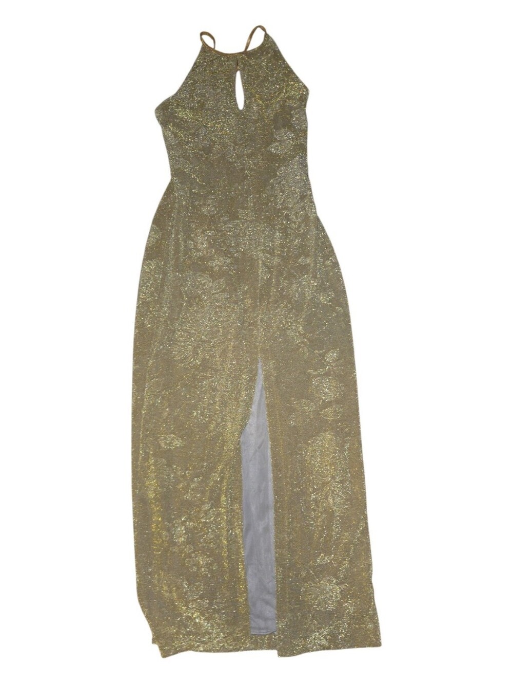 Vintage Gold Halter Sparkle Evening Dress with Front Slit Size M